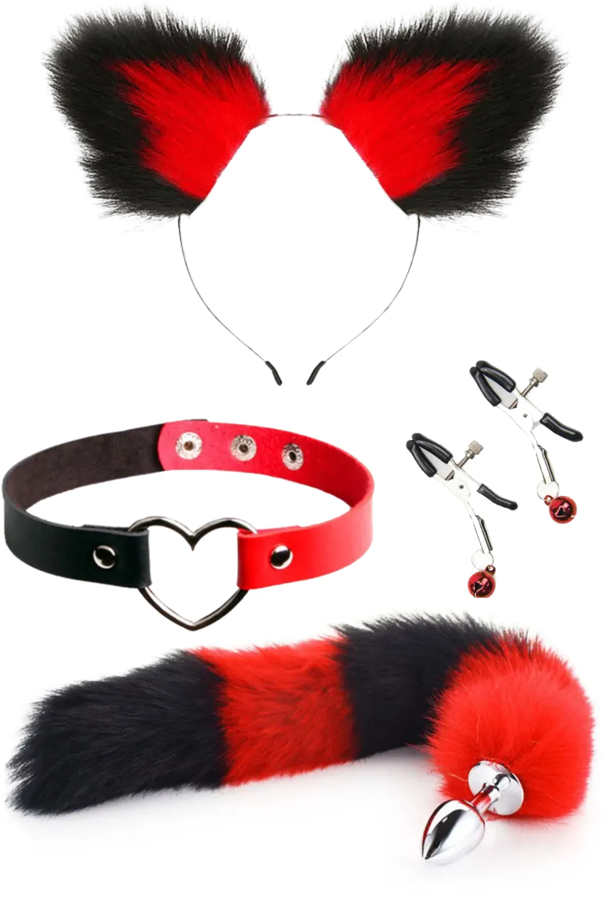 Choker Klips Tüylü Kulak Seti Kırmızı Siya...