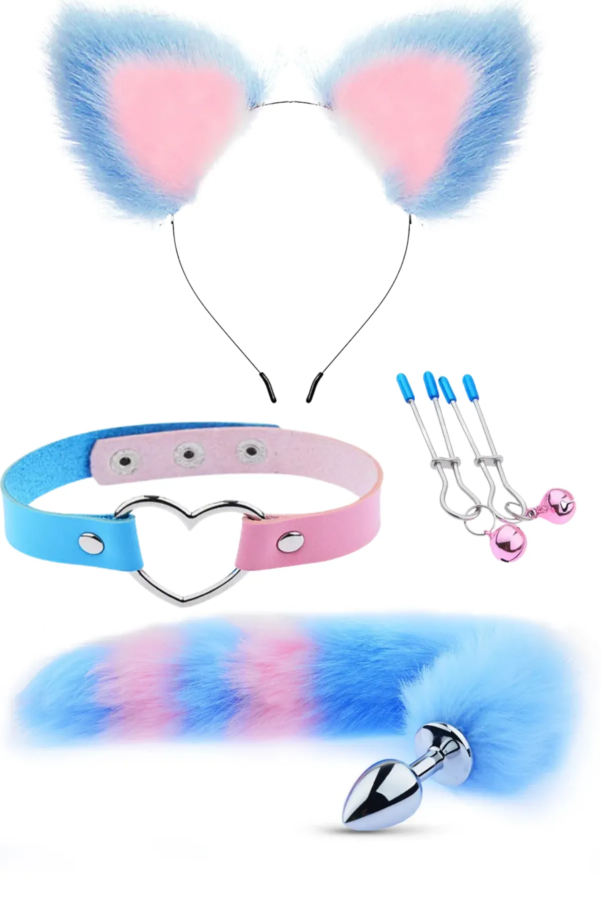 Choker Klips Tüylü Kulak Seti Pembe Mavi K...