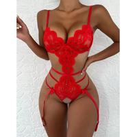 Seksi Body Kan Kırmızı Özel Bölgesi Açık Erotik Bodysuit Askılı Elbise 