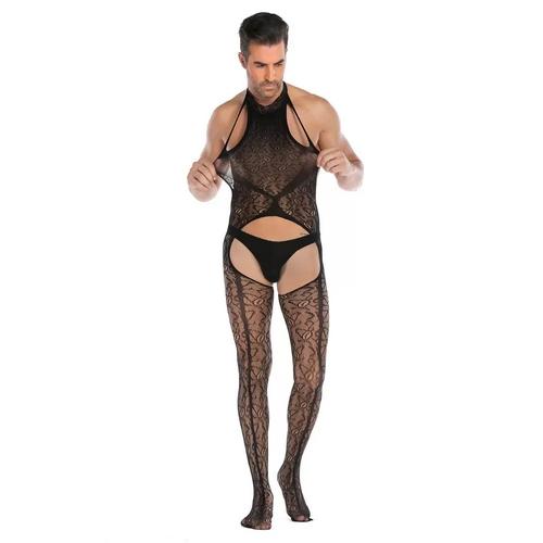 Seksi Askılı Sırtı ve Ağı Açık Desenli Erotic Bodystocking Crossdresser Erkek Vücut Çorabı